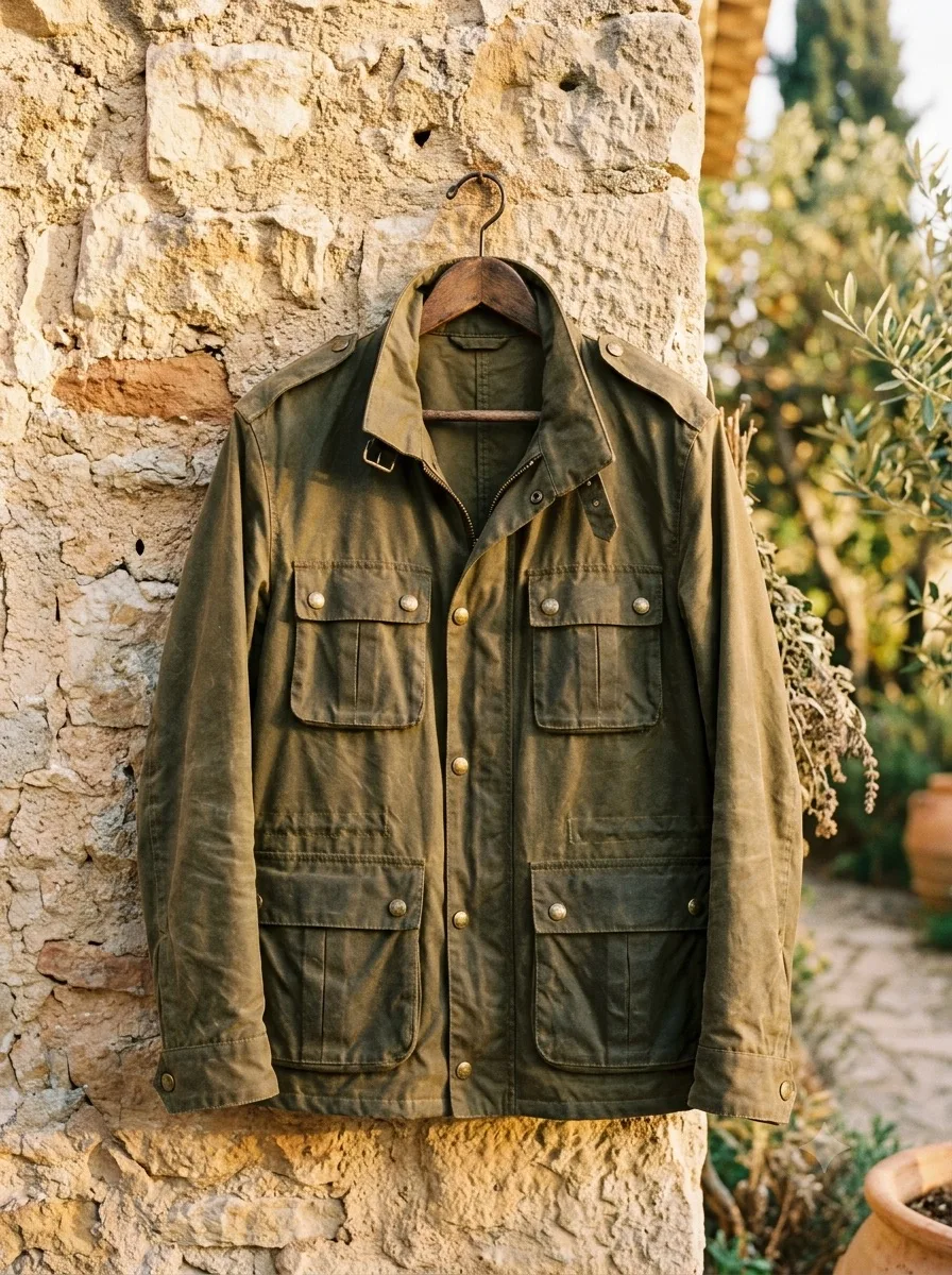 Olive waxed field jacket on a hanger against a sun-warmed stone wall