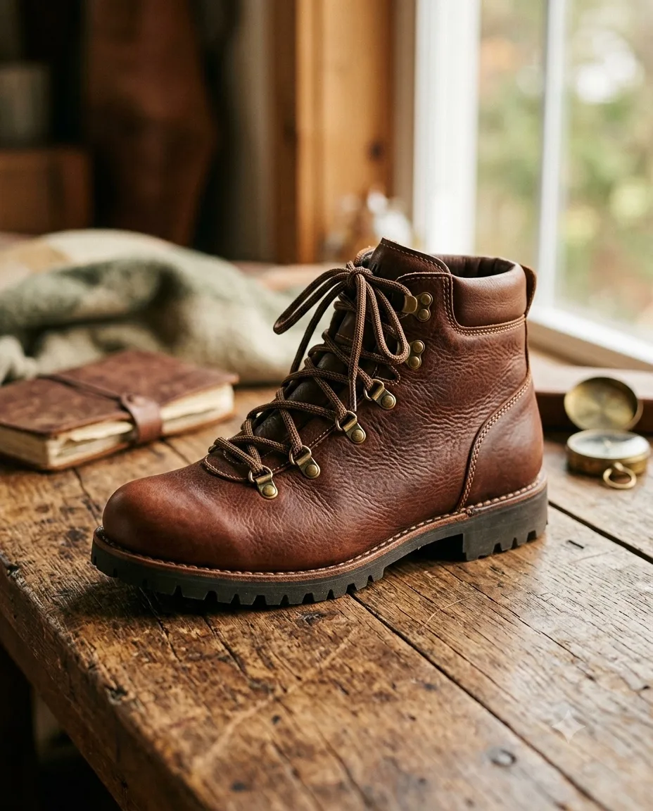 A single leather boot on a wooden table in warm window light