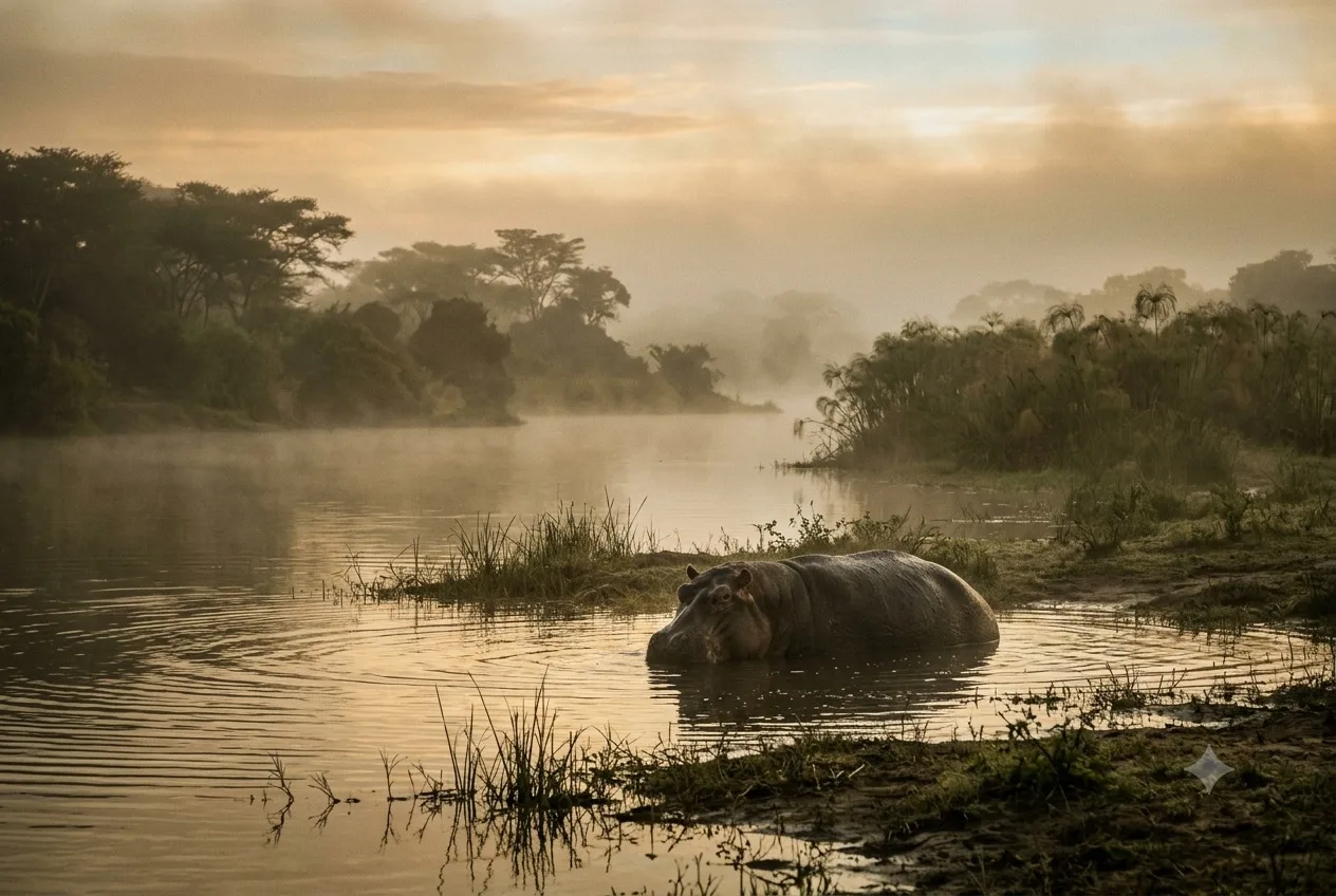 A hippo in a misty golden estuary at dawn