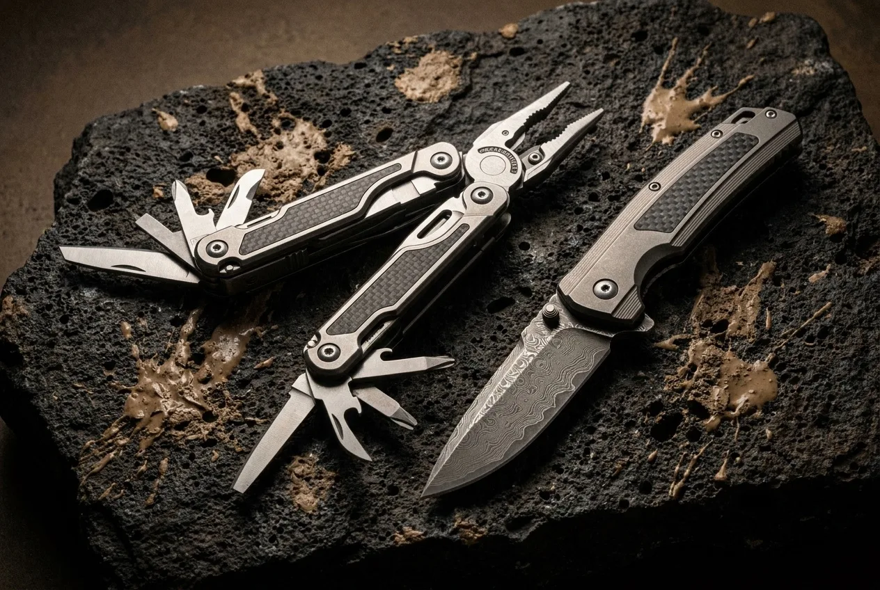 Titanium multi-tool and tactical knife on volcanic rock