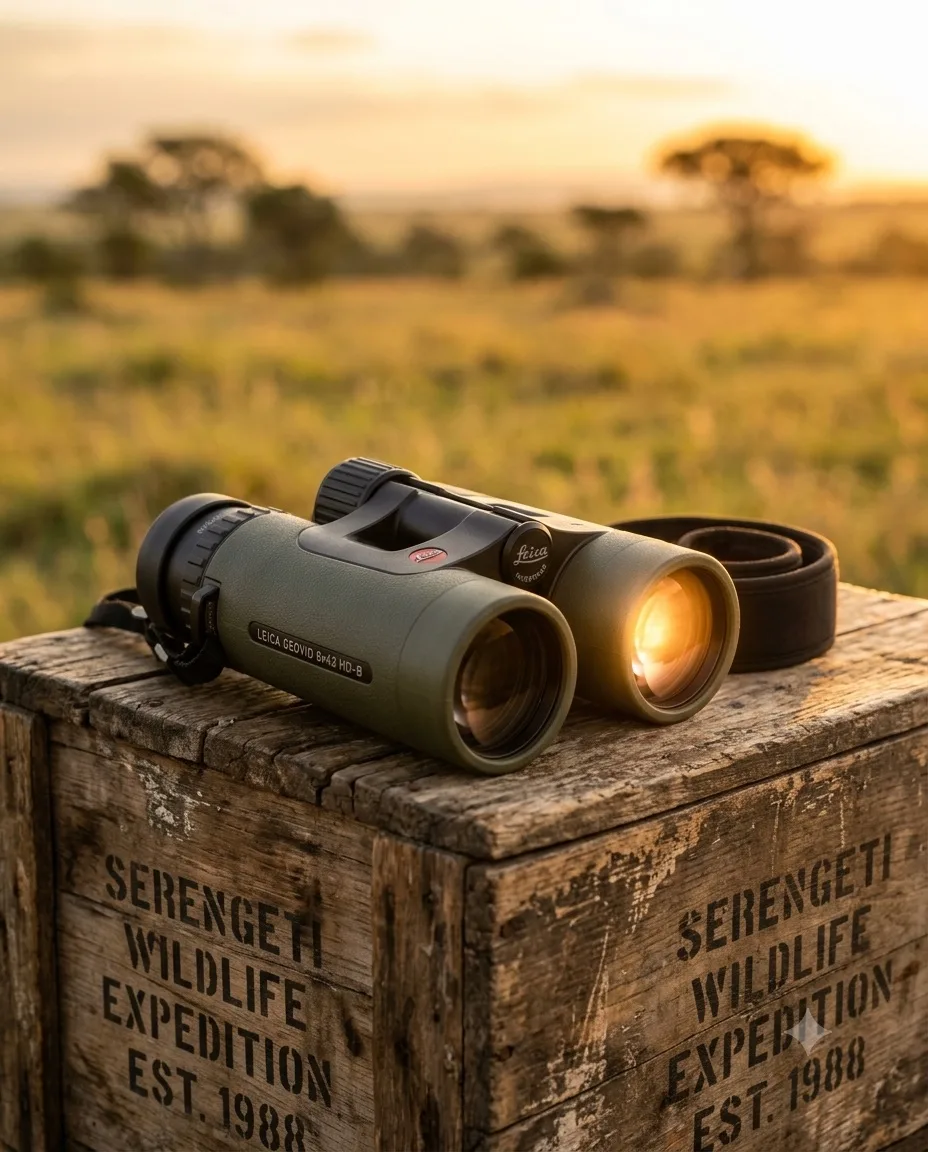 Premium safari binoculars on a wooden crate at sunset