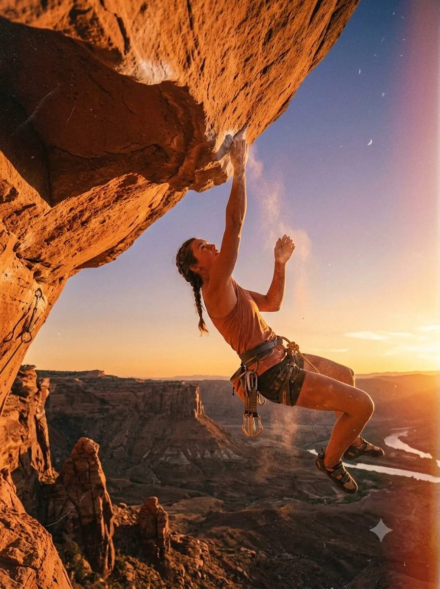 A climber on a sunlit rock face above a canyon at sunset