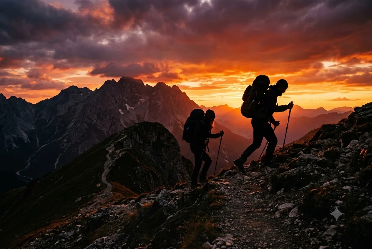 Two backpackers on a mountain ridge against a fiery sunset