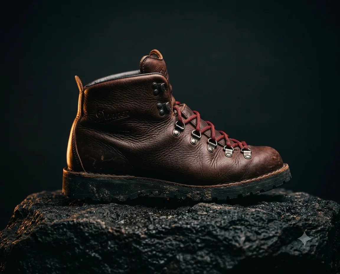 A leather boot on dark rock with warm rim light
